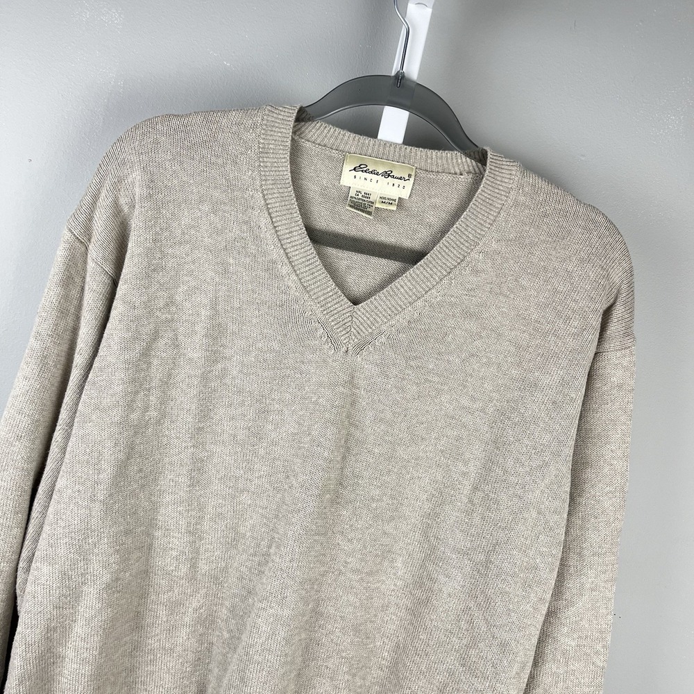 Vintage Eddie Bauer Sweater Mens M Oatmeal V-Neck 100% Cotton Pullover Preppy